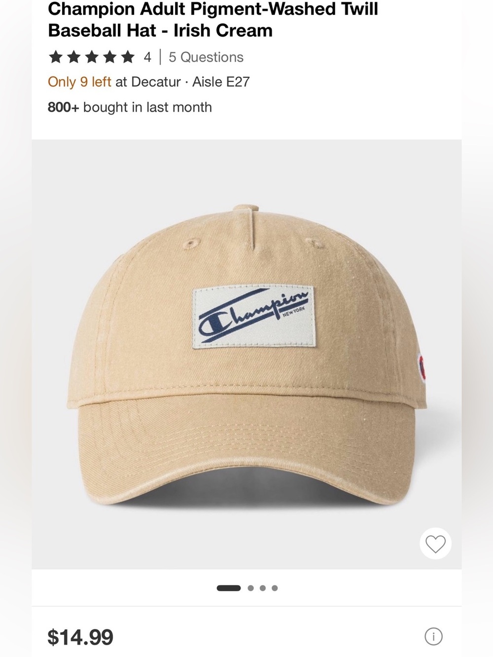 Champion Men's Pigment-Washed Twill Baseball Cap in Cream